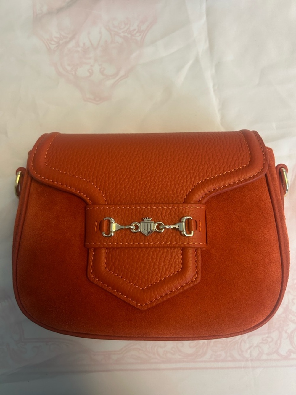 Fairfax & Favor Sunset Orange Saddle Crossbody Bag with Gold Accent - Picture 2 of 8